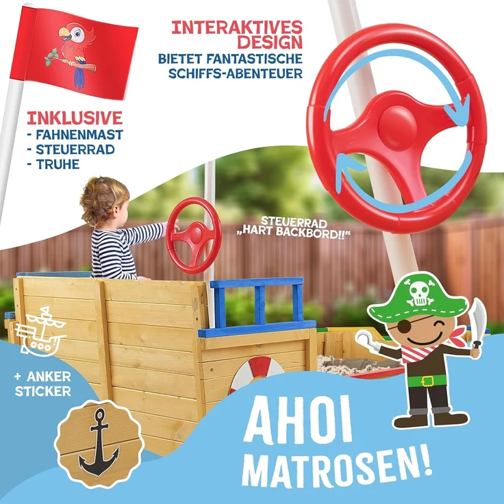 KIDIZ Sandkasten 'Ahoi - Piratenschiff', Tannenholz Natur, 195 x 94 x 136 cm – Bild 5