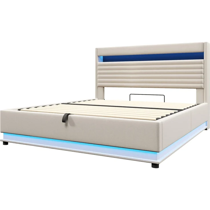 Polsterbett mit LED-Streifen, Stauraum, Schrank, USB und Type-C, 180x200 cm, gepolsterter Kopfteil mit Schrank, Einzelbett, Stauraumbett, Leinen – Bild 8