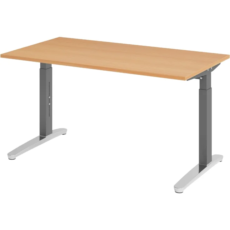 bümö manuell höhenverstellbarer Schreibtisch 140x80 in Buche, Gestell in graphit/alu - PC Tisch höhenverstellbar & klein, höhenverstellbarer Tisch Büro, kleiner Computertisch verstellbar, X14-6-GC