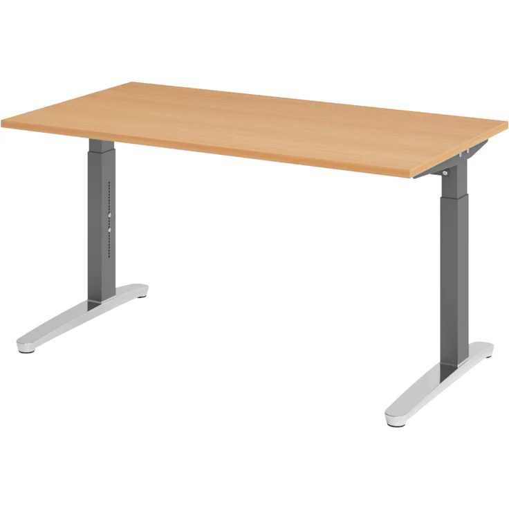 bümö manuell höhenverstellbarer Schreibtisch 140x80 in Buche, Gestell in graphit/alu - PC Tisch höhenverstellbar & klein, höhenverstellbarer Tisch Büro, kleiner Computertisch verstellbar, X14-6-GC – Bild 1
