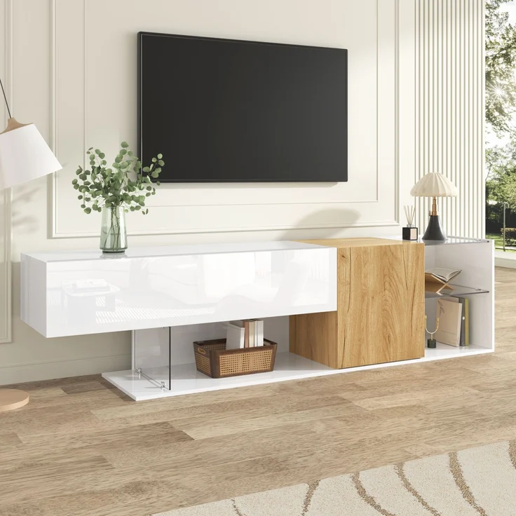 TV-Schrank 180 cm in Weiß Hochglanz mit Holzoptik, Lowboard mit Türen und Glasregalen – Bild 7