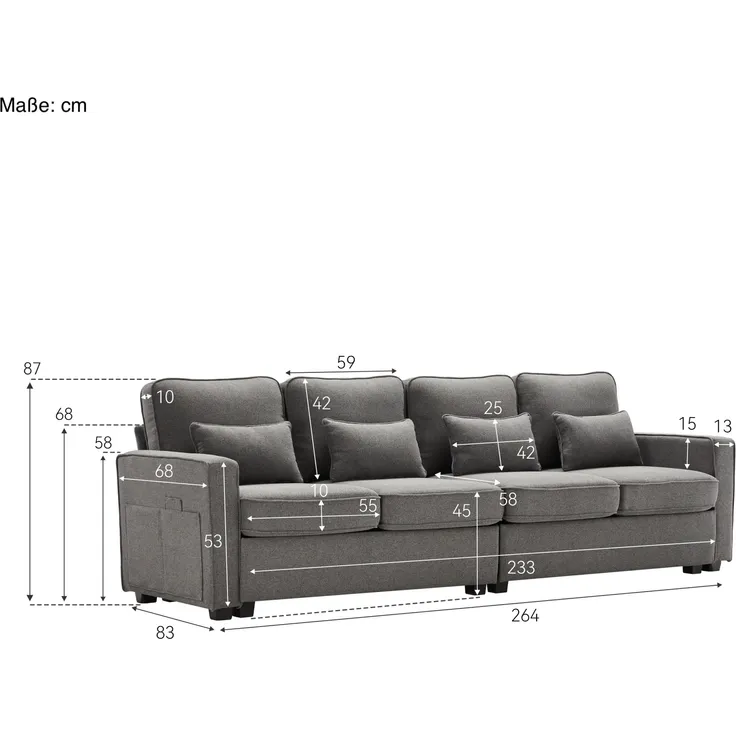 Big-Sofa, 264 cm, 4-Sitzer inkl. loser Zier- und Rückenkissen, Leinen Bezug, Polstersofa, Wohnzimmersofa – Bild 6