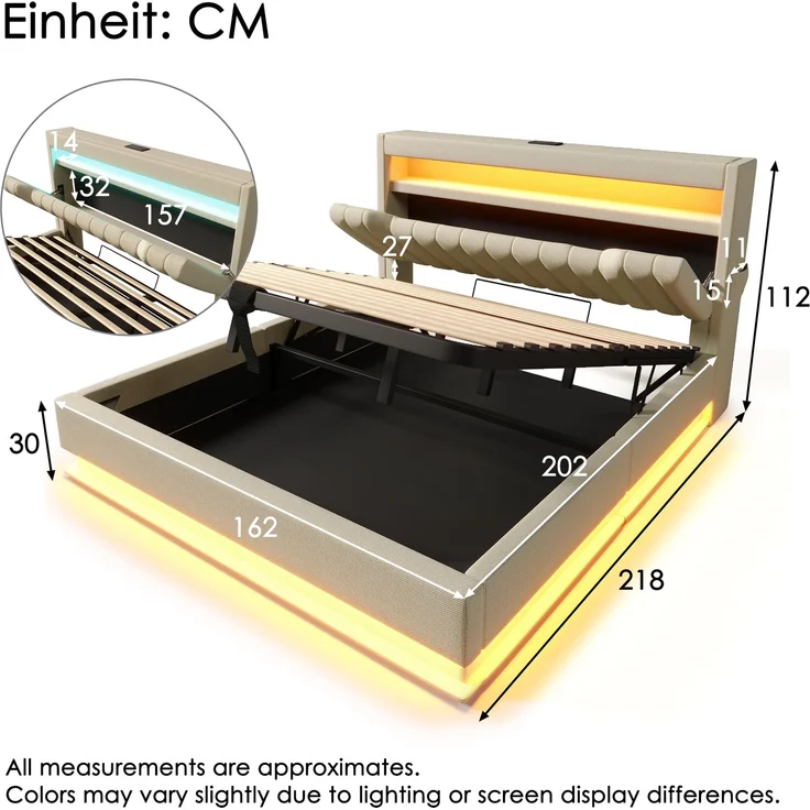 EINHOM Polsterbett Einzelbett 160 x 200 cm, Stauraum-Kopfteil mit USB, LED-Beleuchtung am Kopf- und Fußende des Bettes, mit Hydraulischem Stauraum, Leinen, Beige, (Ohne Matratze) – Bild 2