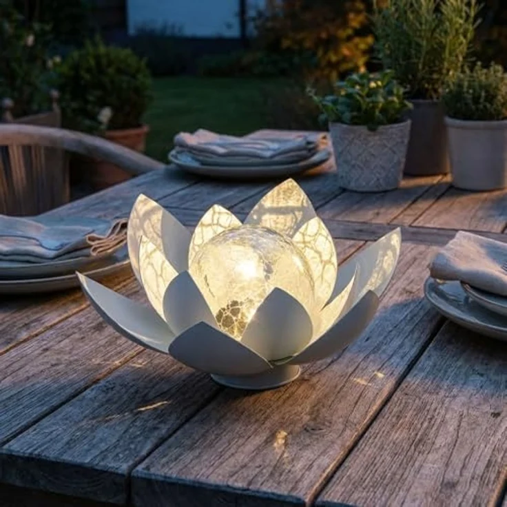 Haushalt International LED Solarleuchte, LED-Leuchtmittel fest verbaut, Warmweiß, LED Solarleuchte Lotusblume weiß Glas Außenleuchte Gartendeko D 27,6cm – Bild 3