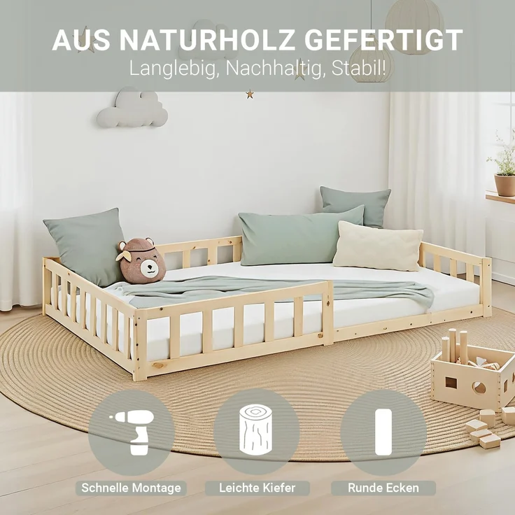 Kinderbett 120x200 mit Matratze Bodenbett mit Rausfallschutz Montessori Bett Kleinkindbett Holz Kiefer Natur Massiv Einzelbett Lattenrost – Bild 5
