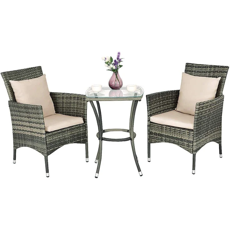 COSTWAY 3 tlg. Polyrattan Gartenmöbel Rattanmöbel Rattan Sitzgruppe Sitzgarnitur Balkon-Set Gartengarnitur mit Glastisch & Kissen – Bild 5