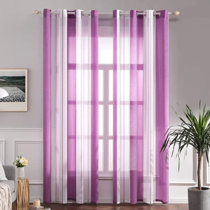 MIULEE Voile Gardinen Violett-Weiß mit Ösen 2er Set 140x225 cm | Halbtransparenter Voile mit Streifenmuster für Wohnzimmer, Schlafzimmer und kleine Fenster.