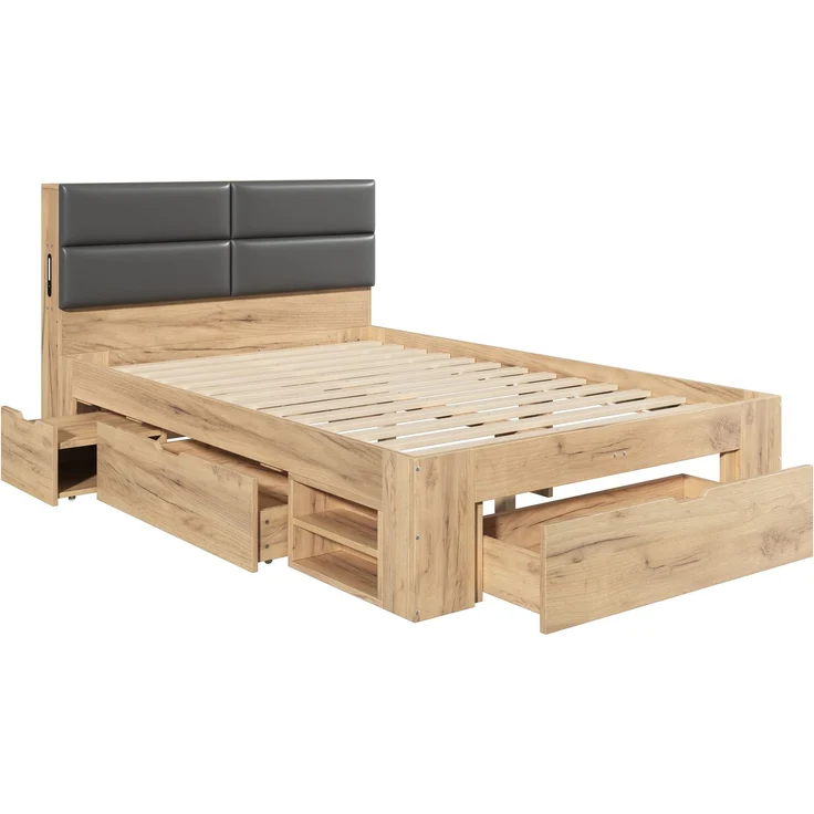 Bett mit Schubladen und Nachtlicht, Liegefläche 140×200 cm, Naturfarbe, ohne Matratze – Bild 9