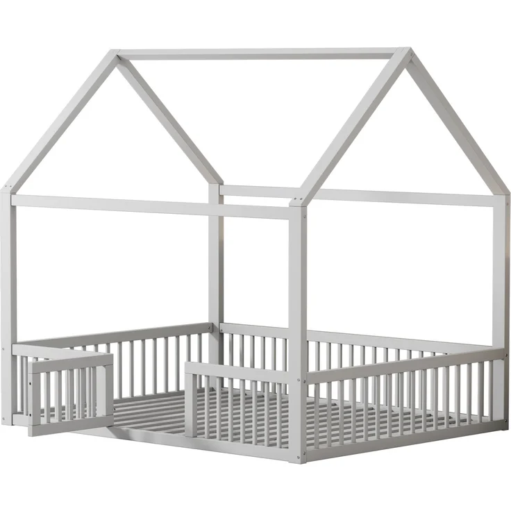 Merax 140*200cm Massivholzbett, Doppelbett, Flachbett, Hausbett, Hausbett mit Türchen, weiß – Bild 7