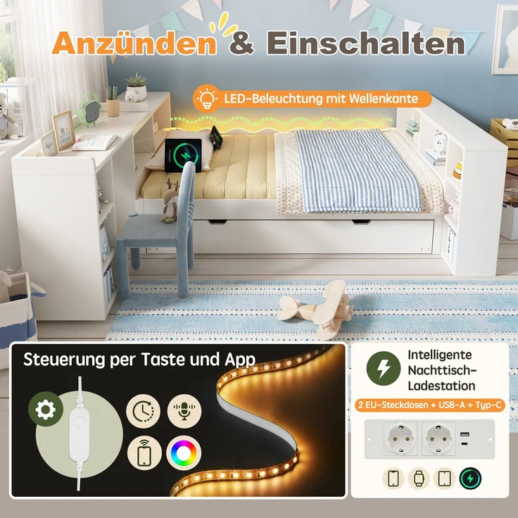 Bett 140x200 cm aus Holzwerkstoffen in Weiß mit Ausziehbett 90x190 cm, LED und Ladeanschlüssen, ohne Matratze – Bild 7