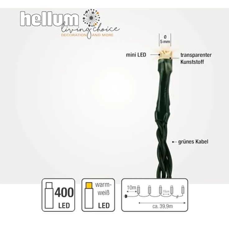 hellum LED Lichterkette außen mit 400 LED, Lichterkette Strom warmweiß mit Timer-Funktion, outdoor 49,9m mit Außen-Transformator, Kabel grün 577204 – Bild 4