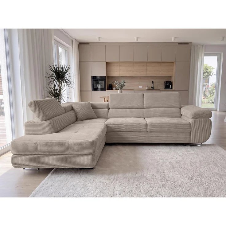 AX LIVING Konak Cord-Schlafsofa L in Beige 276 cm breit, Bettkasten, Kopfstützen – Bild 4