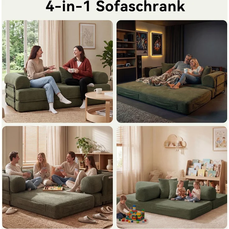 Aoxun Kordstoff Schlafsofa 200×97×70cm, 5-in-1 Umwandelbares Bodensofa, Hochdichter Schaumstoff, Haustierfreundlich, Keine Montage, Grün – Bild 7