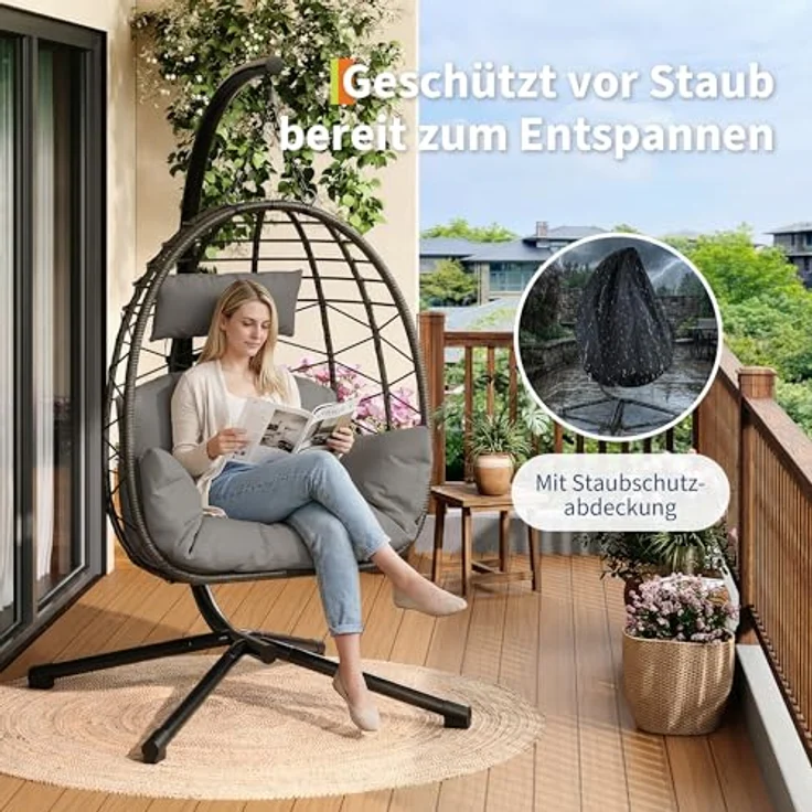 Hängesessel mit Gestell Outdoor bis 150 kg belastbar, Rattan Hängesessel mit Metallgestell, ideal als Hängesitz Indoor mit Gestell für Garten, Terrasse & Balkon Grau – Bild 3