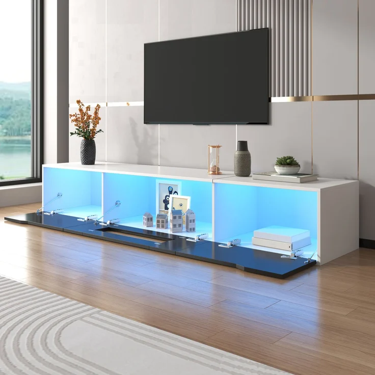 TV-Schrank, schwarze Hochglanzfront (nur Front), mit 16-Farben-LED & geriffelten Türen, 180x35x30 cm – Bild 2