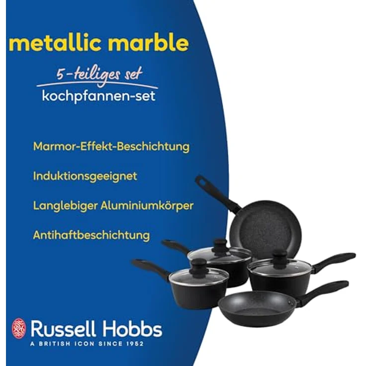 Russell Hobbs RH02814EU7 Metallic Marble Kochpfannen-Set - Antihaft-Küchengeschirr, 20/24-cm-Pfannen, 16/18/20-cm-Töpfe, Deckel aus gehärtetem Glas mit Dampfschlitzen, Induktionskochfeld geeignet – Bild 3