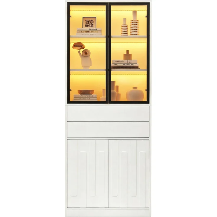 70×34×180cm LED Display Vitrine mit 2 Schubladen , Hochschrank mit Glasschranktüren, Hochschrank Glasvitrine mit LED ,Wohnzimmerschrank mit Glastüren, Küche, Arbeitszimmer, Eingangsbereich,Weiß – Bild 8