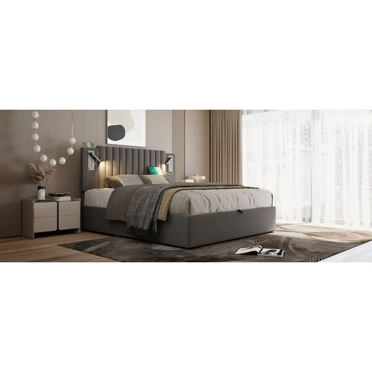 TavilaEcon Boxspringbett mit verstellbarem Kopfteil, Polsterbett Grau Liegefläche 160 × 200 cm – Bild 2