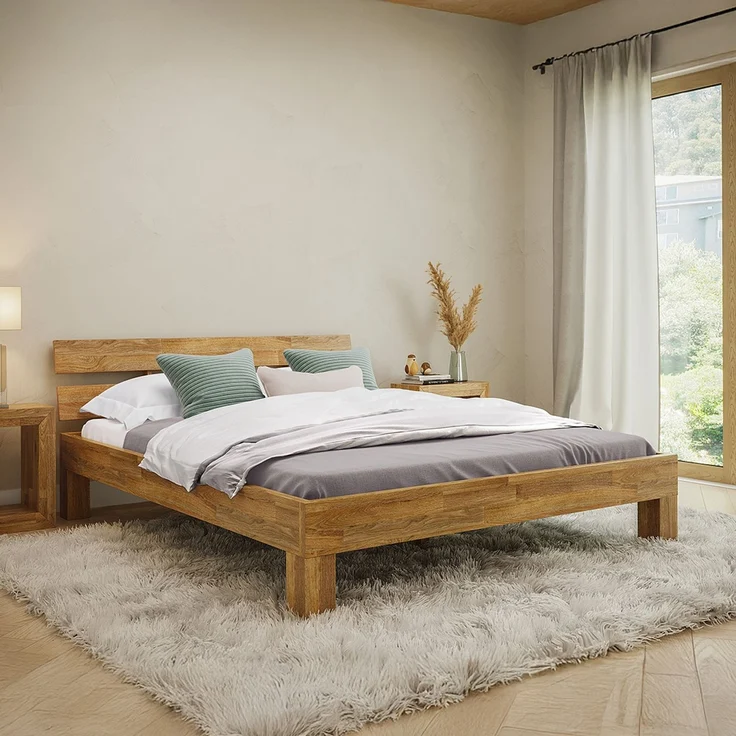 skølm 'Floki' Bett 160x200 cm, Bettgestell, natur geölt, Massivholzbett aus Eiche, Doppelbett mit Bettkopf – Bild 1