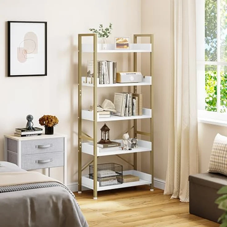 YITAHOME Bücherregal 5 Etagen, Bodenstehendes Bücherregal, Holzregal und stabiles Stahlrahmenregal mit 4 Haken Industrielles Lagerregal für Wohnzimmer, Heimbüro, Golden – Bild 4