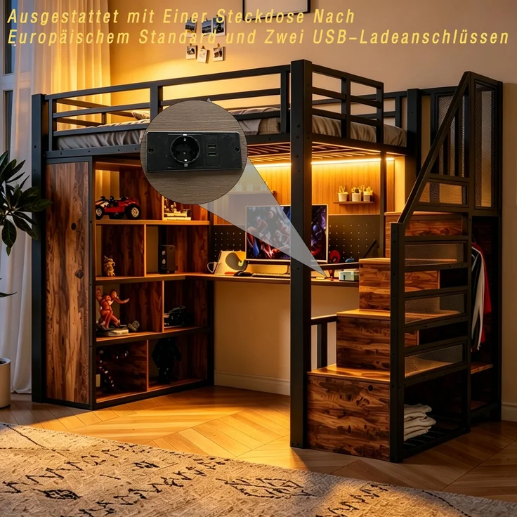 EINHOM Metall-Hochbett 90 x 200 cm mit Kleiderschrank und Staufächern, Metall + Holz, Trittleiter, Schreibtisch mit Steckdosen nach Europäischer Norm, Lochblech und LED-Lichtleiste, Großem Stauschrank, Einzelbett, Schwarz (Ohne Matratze) – Bild 5