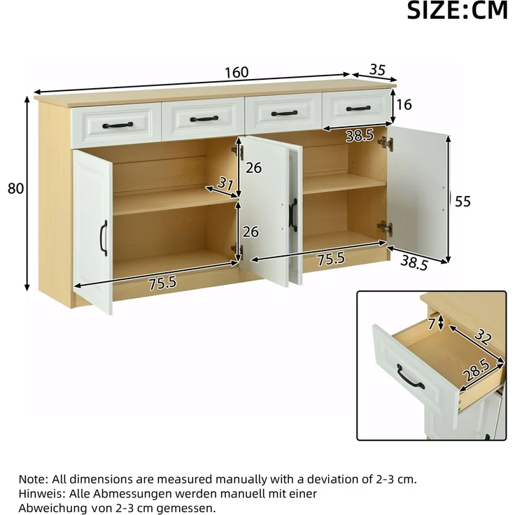 DESVIAE Sideboard mit 4 Schubladen und 4 Türen 160x80x35 cm MDF Weiß/Naturholzfarbe – Bild 10