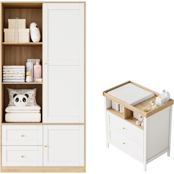 CHICFURN Kleiderschrank-Wickeltisch-Set mit Schiebetüren, Schubladen und abnehmbarem Schutzgitter Natur+Weiß 90x50x180 cm – Bild 5