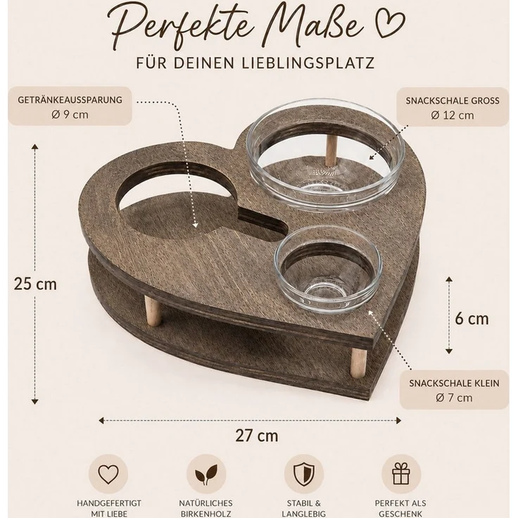 PEGSEN Servierplatte Couchbar Herz aus Holz mit Getränkehalter & 2 Snackschalen, Birkenholz, (Geschenkset, 3-tlg, lebensmittelechte Glasschalen, Snackbox, Sofa Tablett), alles steht stabil & sicher, perfekte Geschenkidee – Bild 3