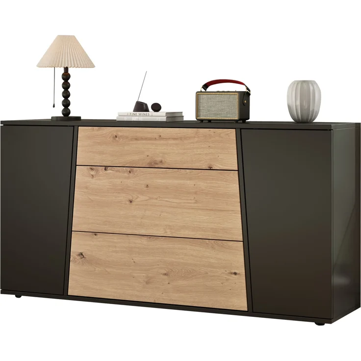 DESVIAE Sideboard Schwarz/Naturholzoptik aus MDF/Spanplatte – 140x70x35 cm – 3 Schubladen, 2 Türen – Bild 7