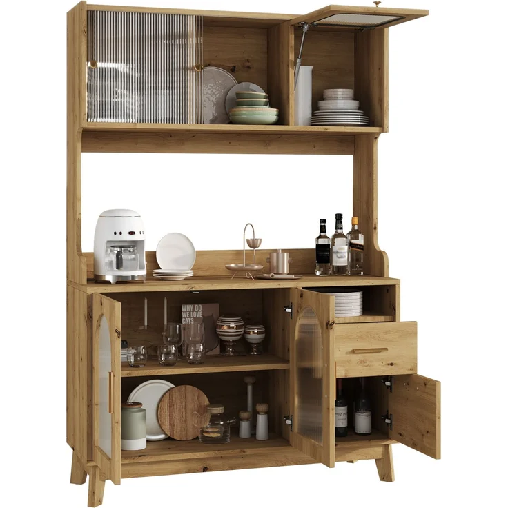 Buffetschrank 120 x 40 x 178 cm mit Steckdosen und USB – Hochschrank in Holzfarbe mit Acrylglasfront – Bild 7