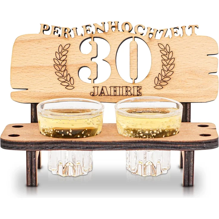 DARO Design - Schnapsbank 30. Hochzeitstag Perlenhochzeit Geschenk Deko für Paare Männer Frauen aus Holz mit Gläsern