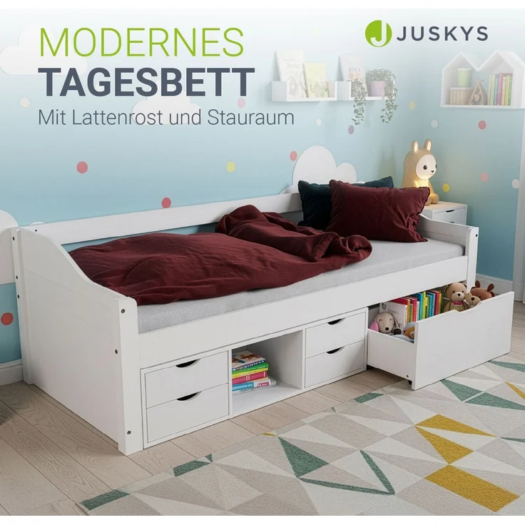 Juskys 'Nalu' Funktionsbett - mit Lattenrost & Schubladen - für Kinder - Gästebett - Holz Weiß, mit Matratze – Bild 4
