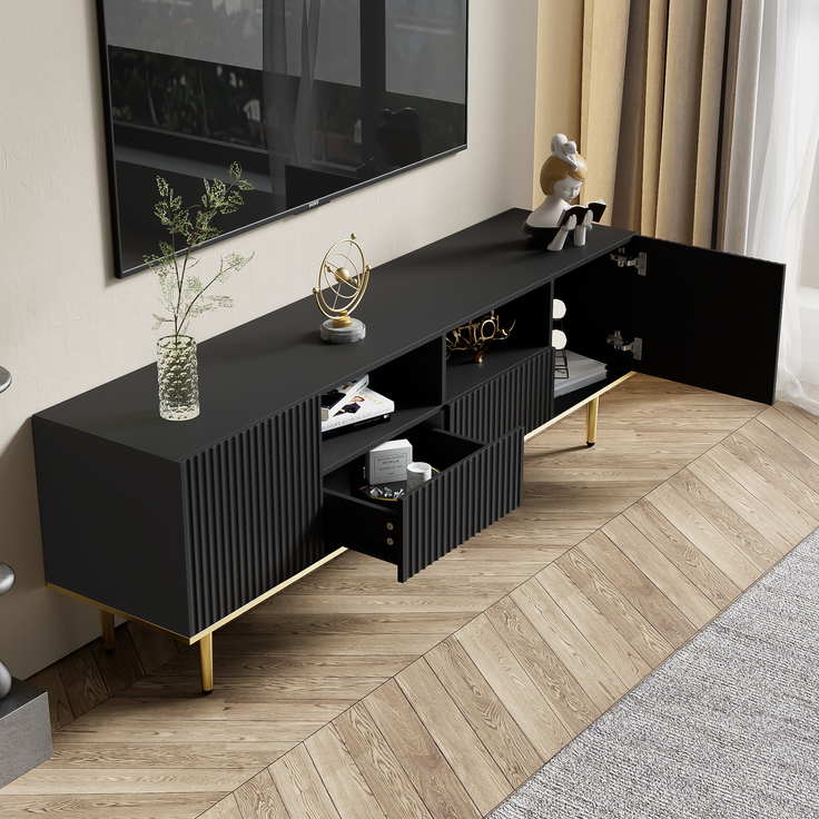 TV-Schrank 165 cm Schwarz mit Gold, Lowboard Sideboard Wohnzimmerschrank, 2 Schubladen, 2 offene Fächer – Bild 7