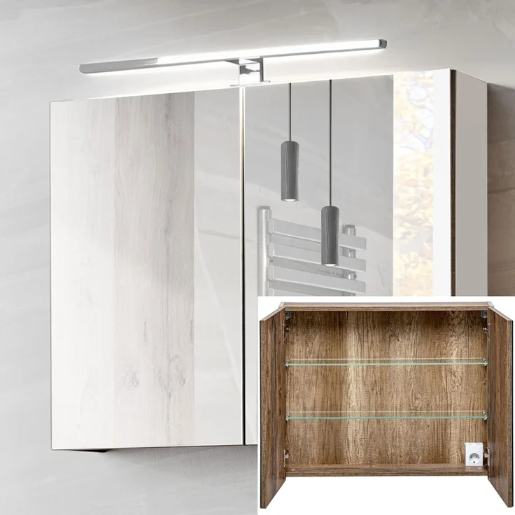 Spiegelschrank 80cm mit LED PUEBLA-56-TAUPE in taupe mit Vintage Oak Nb. B/H/T ca. 80/65-75/17 cm – Bild 1