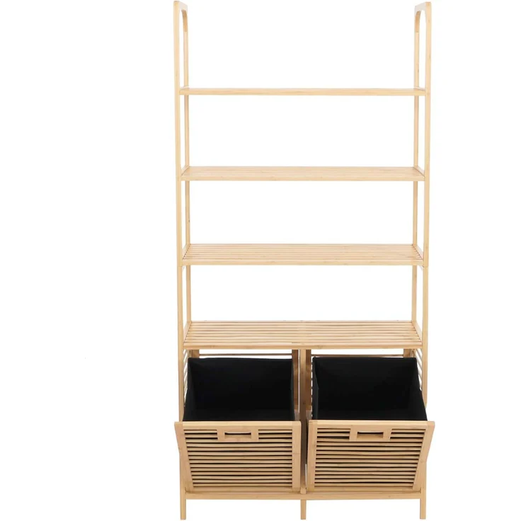 Bambus-Badezimmerschrank HWC-N83, Regal Badschrank, 2 Wäschekörbe 4 Regalböden MVG 168x81x33cm ~ natur, Korb anthrazit – Bild 8