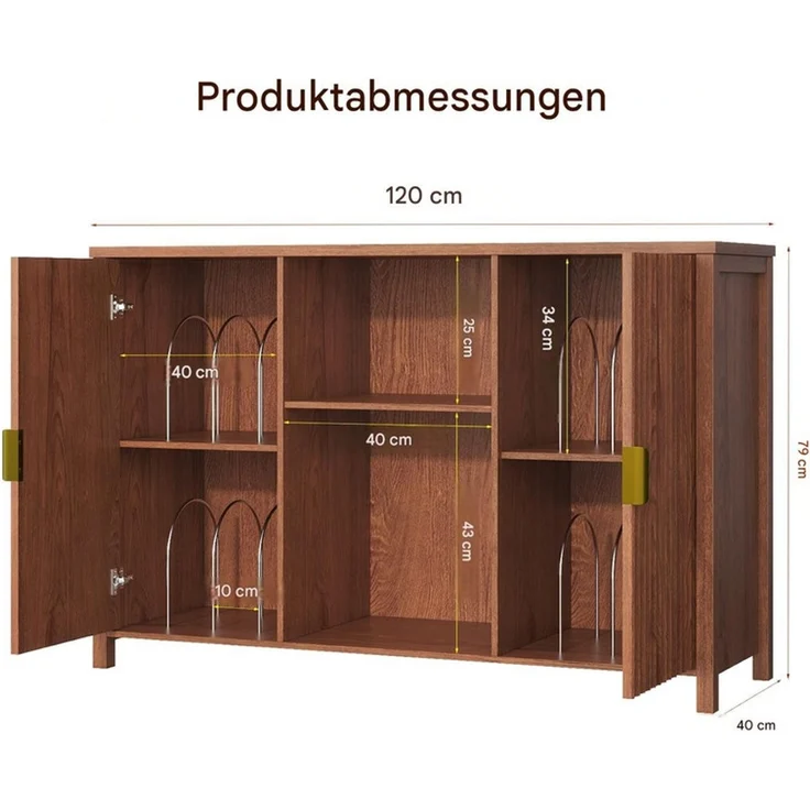 Sideboard Plattenspieler-Schrank 120x40x79 cm, Vinylregal mit Rillentüren und 16 Fächern, Braun – Bild 4