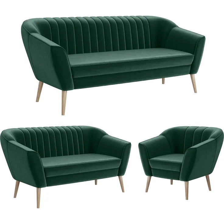 MEBLINI Sofa-Set KAIA 3+2+1 - Grün Samt - für Wohnzimmer - Mini Lounge für sechs Personen - Küchensofa - Sofa Klein - Sitzgarnitur - Polstergarnitur - Sofagarnituren