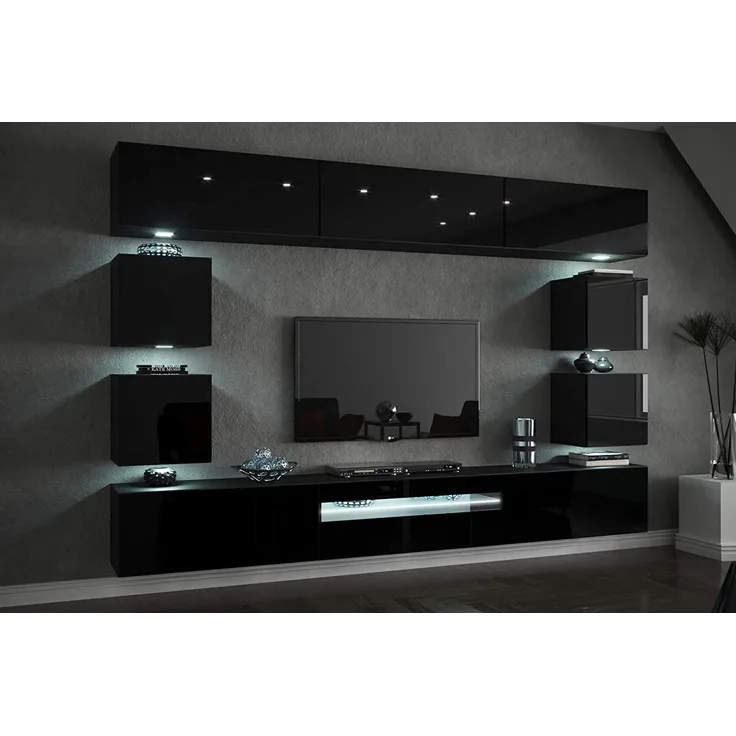 FURNITECH Future C81 Wohnzimmer Wandschrank Mediawand mit Led Beleuchtung Schrankwand Wohnwand Möbel (C81-HG-B1 1B (273 cm), LED RGB (16 Farben))
