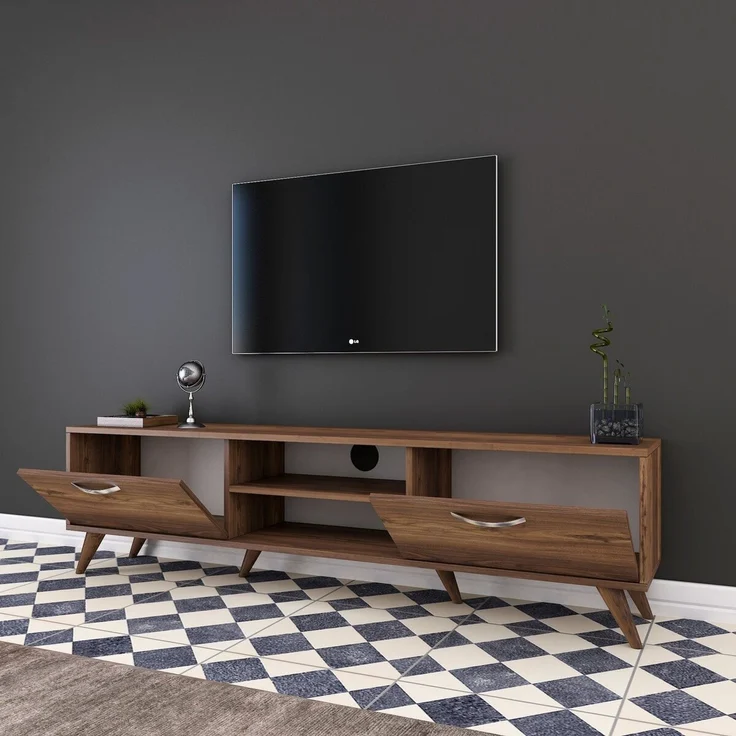 Calicosy TV-Möbel, 2 Klapptüren, 2 offene Fächer in der Mitte Dekor Walnussholz B180 cm - Dunkles Holz – Bild 5