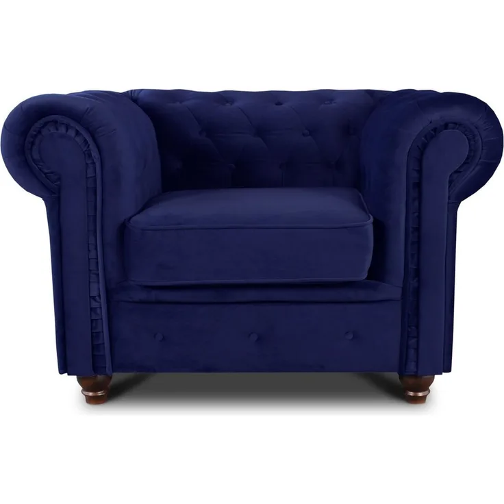 Sessel Chesterfield Asti - Couch, Couchgarnitur, Couchsessel, Loungesessel, Stühl, Holzfüße - Glamour Design, Velours (Dunkelblau (Velvet 86))