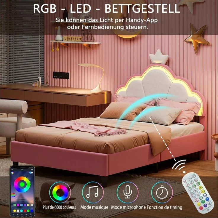 FUROKOY Polsterbett Kinderbett Kronenbett anhebbarem Kopfteil Kronenform (Einzelbett Bettgestell Nettes und verträumtes Mädchen Bett Rosa/Weiß), 90x200 cm,Geeignet für Jugendliche und Kinder,Samt – Bild 1