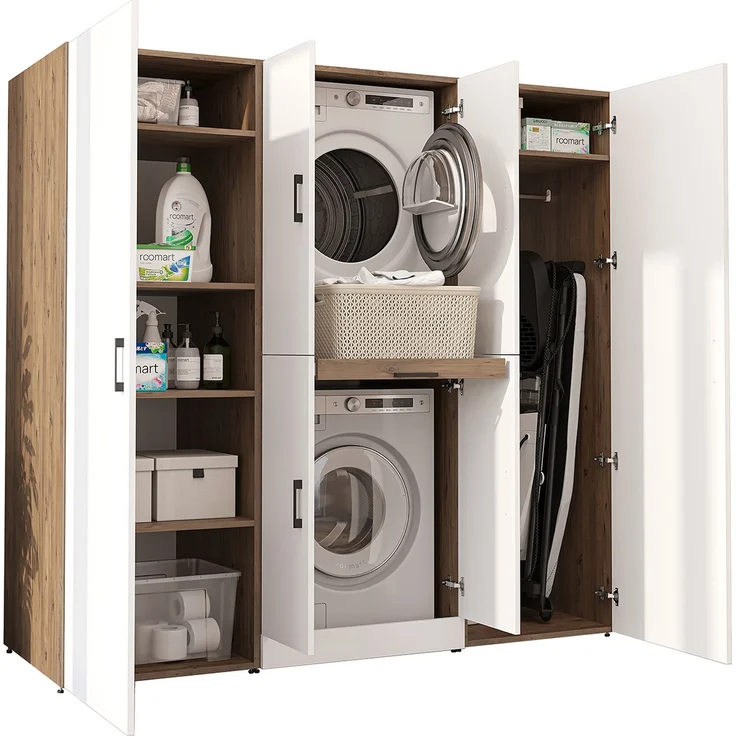 Roomart Waschmaschinenschrank - DORA-I- 190 cm breit - Wasch- & Trocknerschrank mit 2 Hochschränken, Türen & Ausziehbrett, Waschmaschinen-Überbau für Waschküche & Hauswirtschaftsraum • Weiß-Eiche – Bild 8