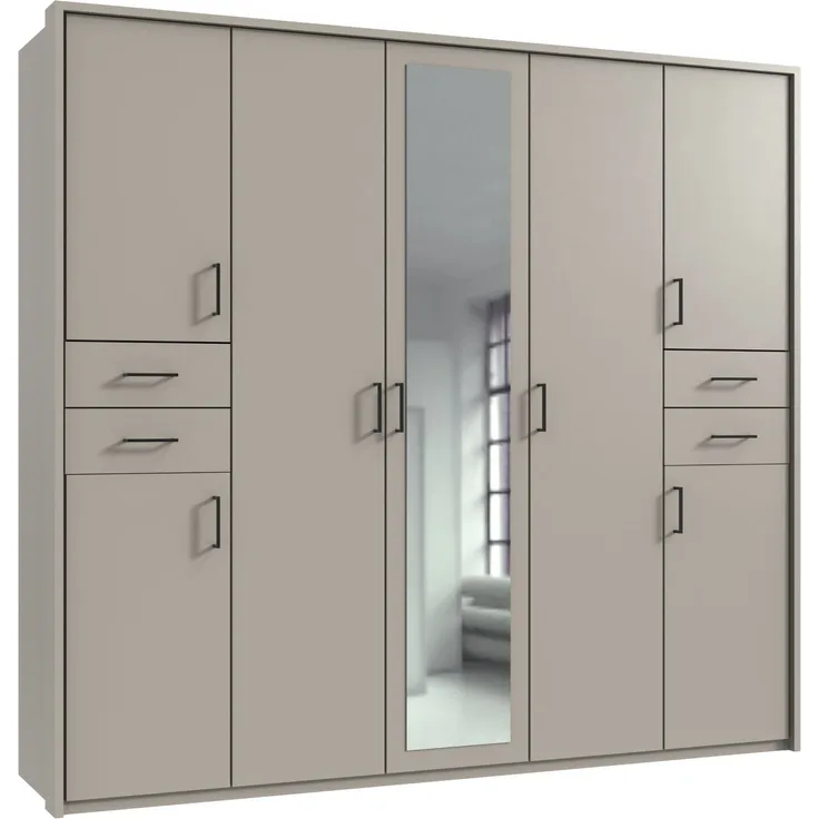 Drehtürenschrank Kleiderschrank 228cm Passep. Spiegel Beige Grau Griffe schwarz