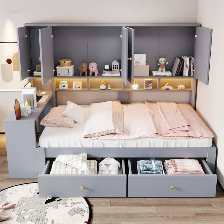 i@home Funktionsbett Multifunktionales Holzbett 90x200 cm Einzelbett, Jugendbett, Grau (LED-Beleuchtung sowie Steckdosen, Bettgestell für Jugendzimmer), integrierter Schreibtisch, mehrere Schränke, Ablagefächer & Schubladen – Bild 4