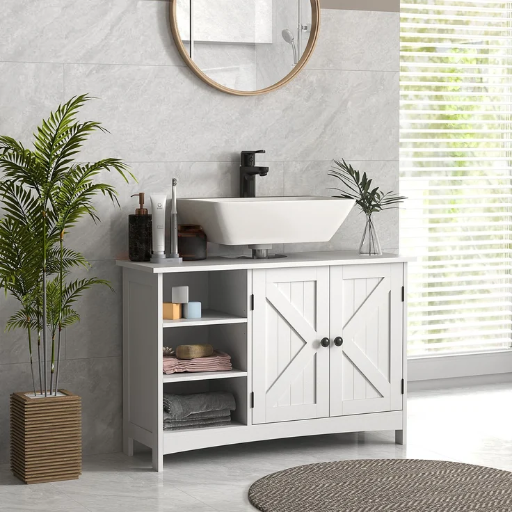 Waschtischunterschrank für das Badezimmer im klassischen Stil, Schrank mit 2 Türen und verstellbaren Einlegeböden, 90 x 30 x 60 cm, weiß – Bild 9