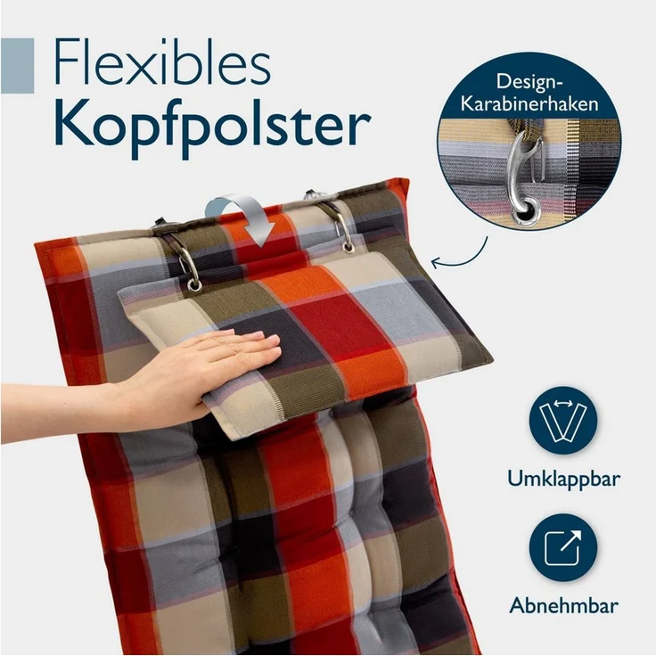Beautissu Hochlehnerauflage Premium Hochlehner Auflage Kopfpolster Sun Sun-HL, 120x50cm, Beige, Mit Kopfpolster, rutschfest & robust – Befestigungsbänder, UV 5 – Bild 4