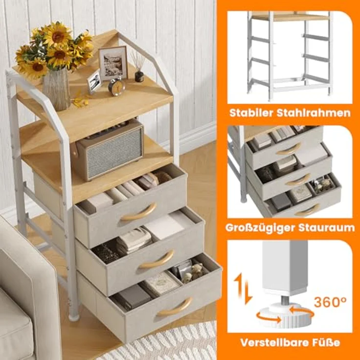 Feonase Nachttisch mit 3 Stoff-Schubladen, Kleine Kommode & Beistelltisch, 2-Fach MDF-Nachtschrank mit offenem Fach, moderner Side Table für Schlafzimmer, Wohnzimmer, Khaki – Bild 3