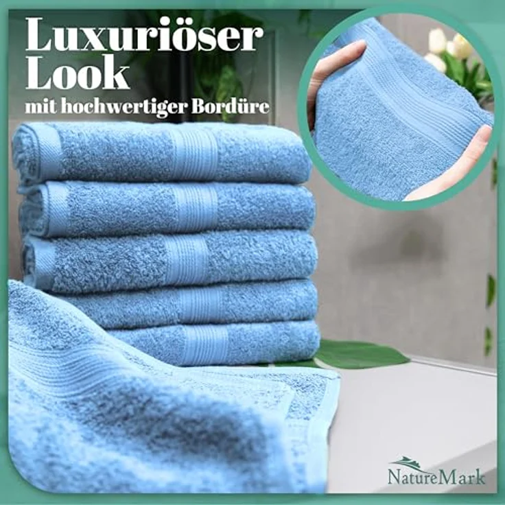 NatureMark 8 Handtücher Set - 100% Baumwolle - Saugfähige und langlebige Handtücher, Größe 50×100 cm, Hellblau – Bild 5