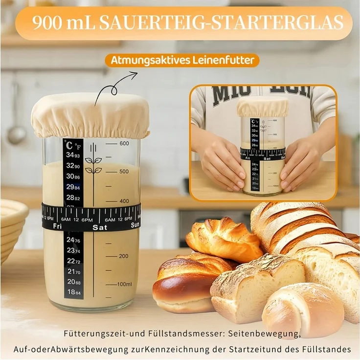 PFCTART Gärkorb Sauerteig Starter Set mit Gärkörbchen & Sauerteig Glas 1000 ml, (Set 15-tlg), Brot backen Zubehör, Gärkorb, optimale Luftzirkulation, Kaltgärung – Bild 2