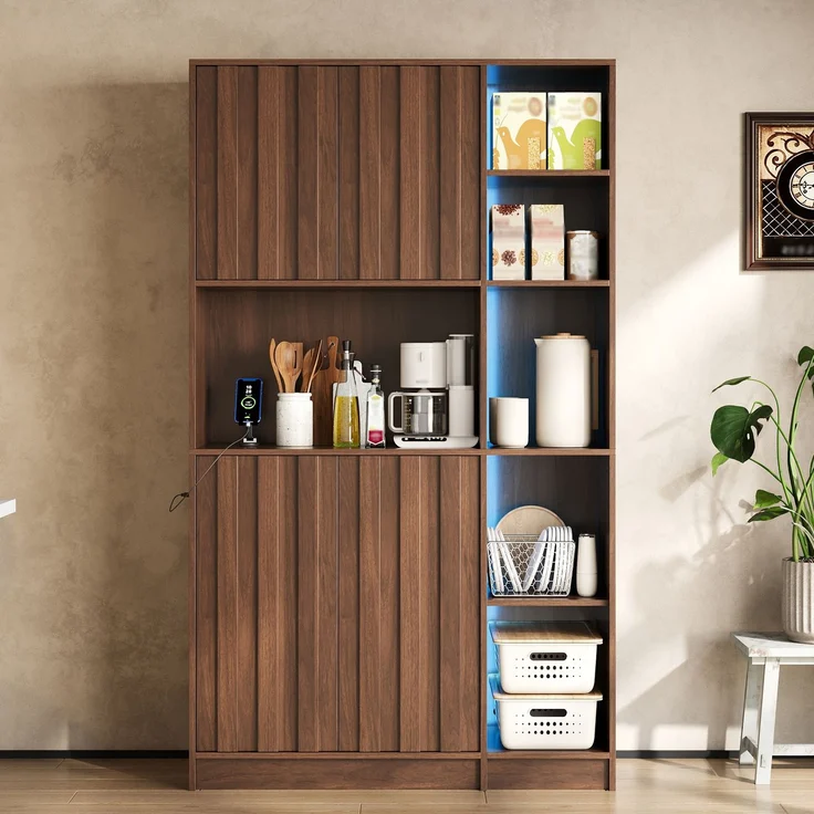 Küchenschrank, hoher Stauraumschrank mit LED-Beleuchtung, Küchenregal mit Steckdosen, Bücherregal & Vitrinenschrank für Wohnzimmer und Esszimmer, 180 × 105 × 40 cm--Nussbaum--105x40x180cm--YOUDENOVA – Bild 1